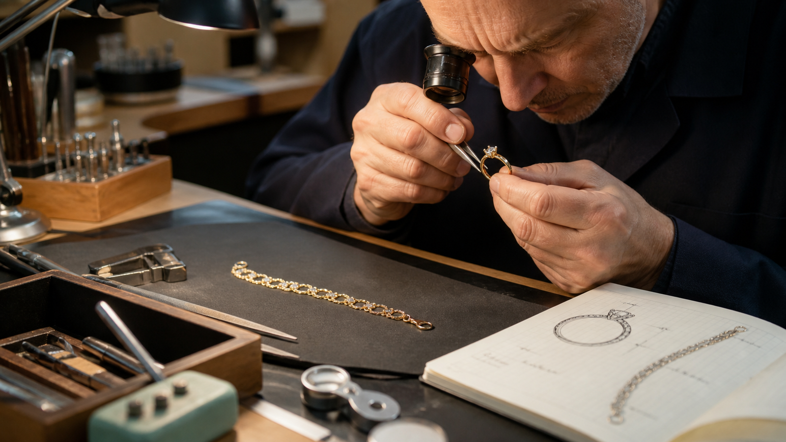 Professional jeweler inspecting a ring and bracelet clasp