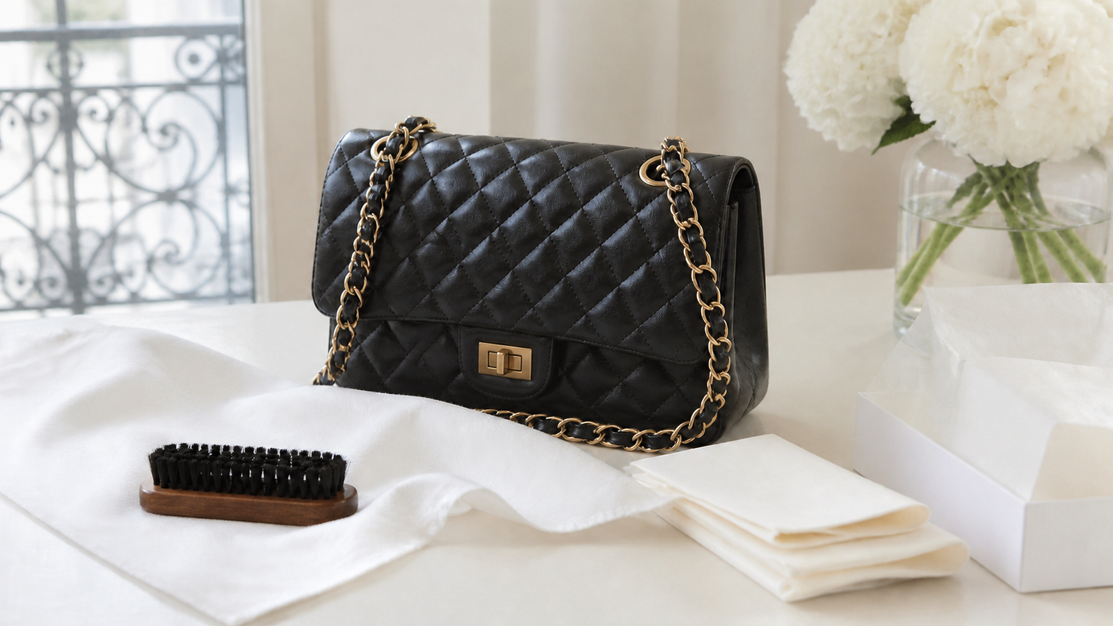 Black quilted lambskin handbag prepared for careful storage