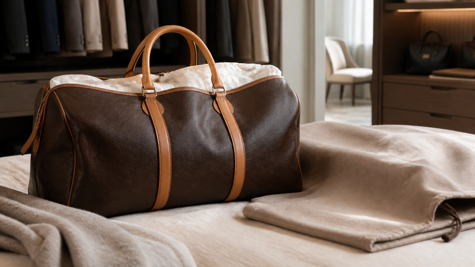 Brown coated-canvas and natural leather bag prepared for storage