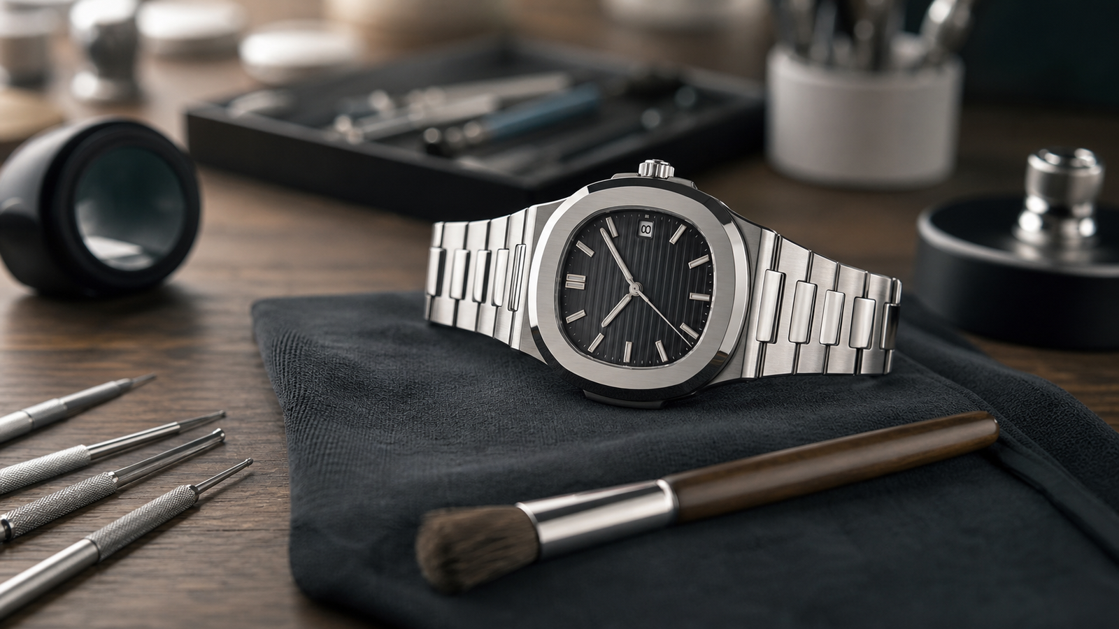 Mechanical watch on microfiber cloth at a watchmaker bench