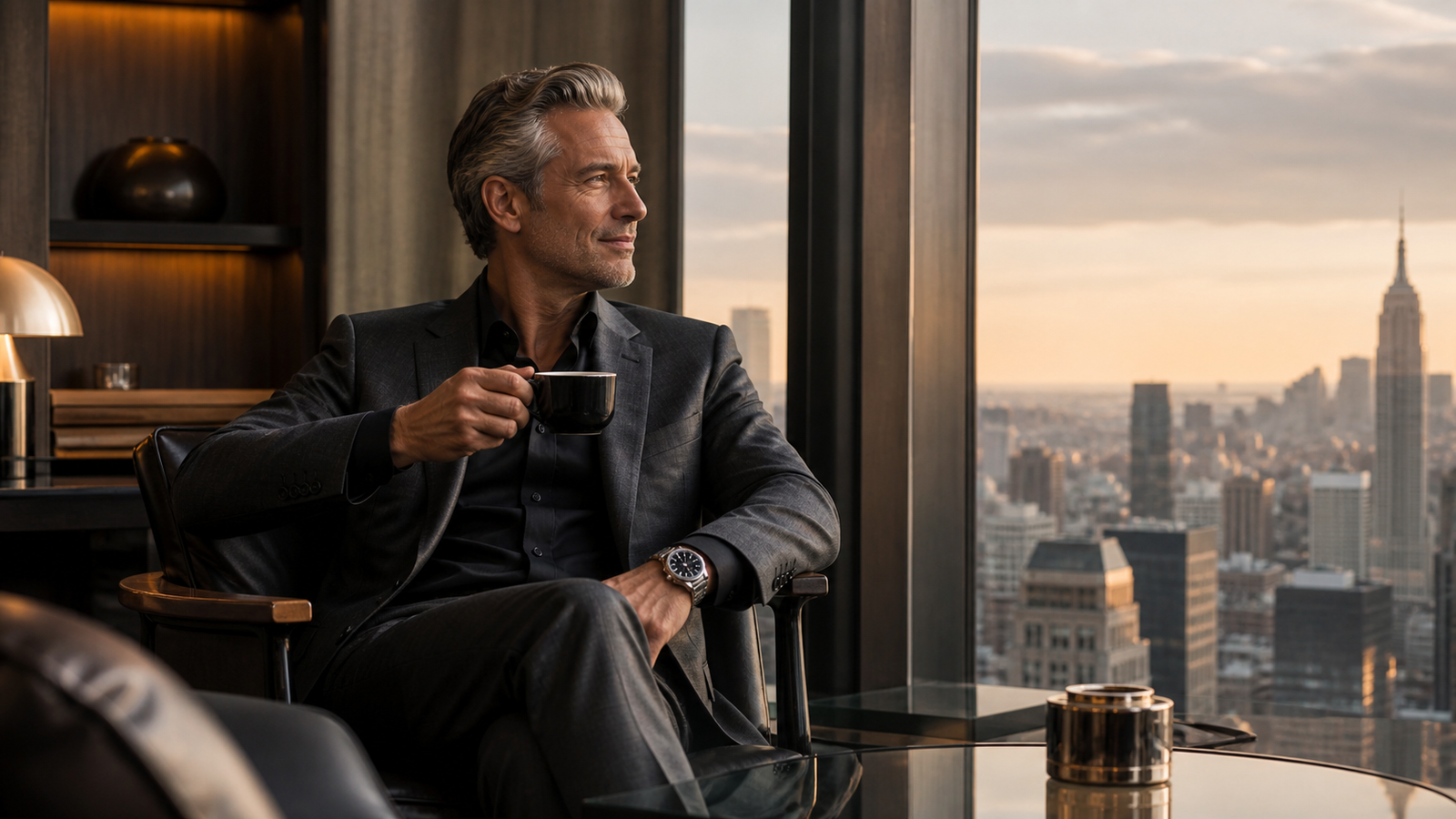 Successful businessman enjoying a city view while wearing a luxury mechanical wristwatch