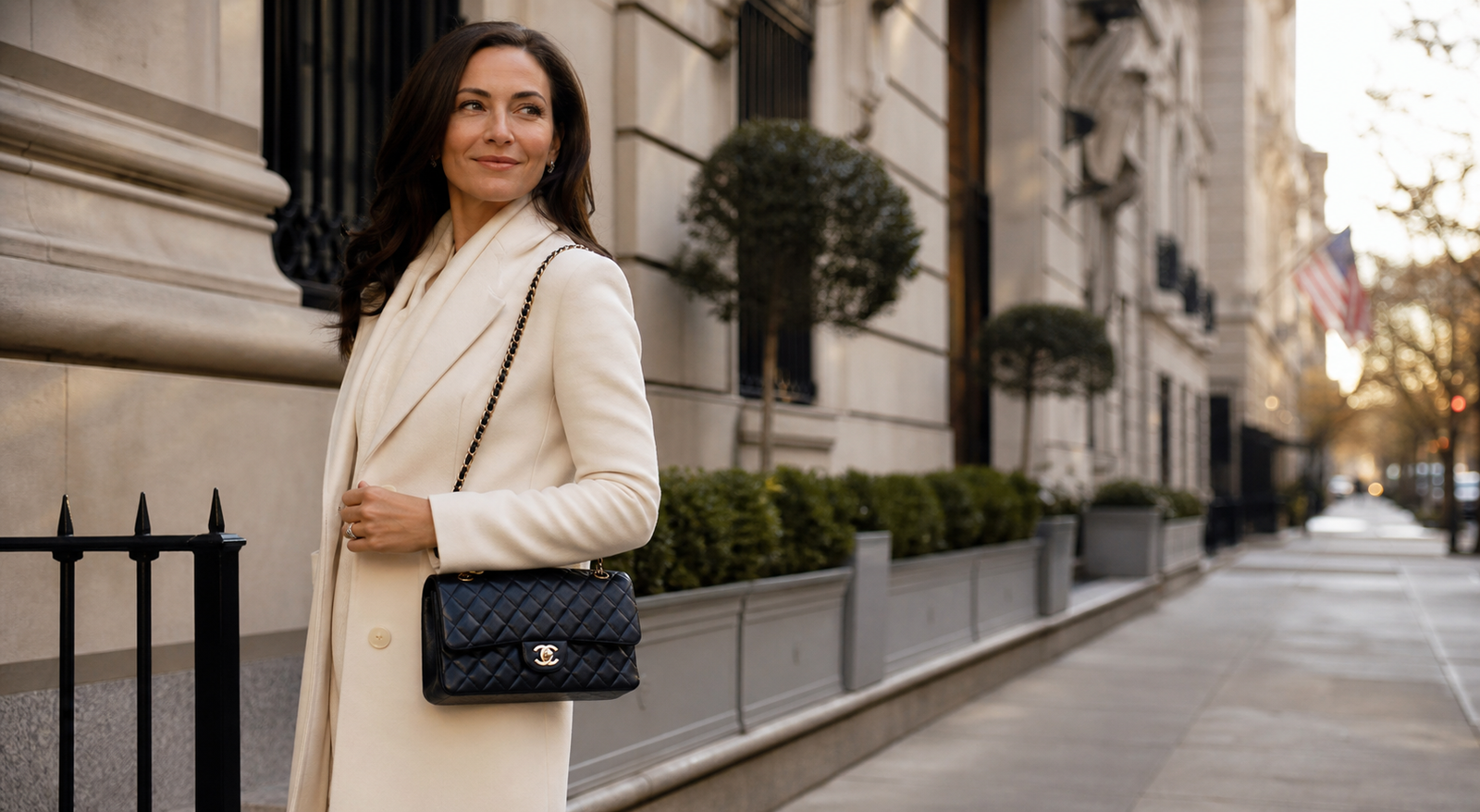 Elegant woman carrying a black quilted Chanel handbag on Manhattan's Upper East Side