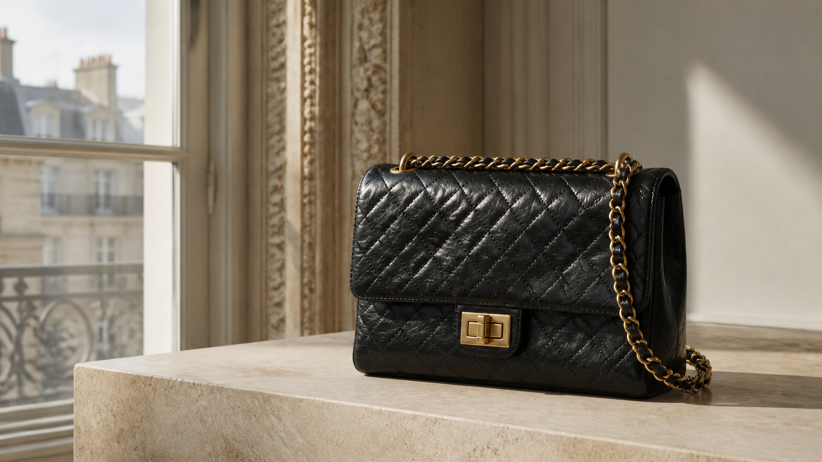 Editorial view of a black quilted lambskin flap bag