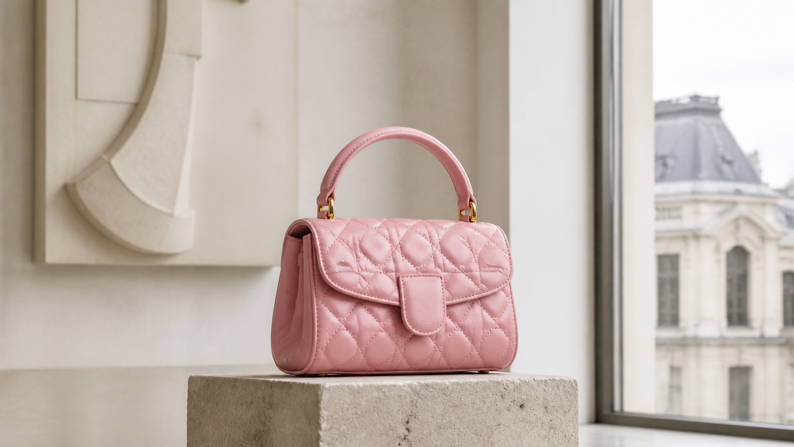 Editorial view of a strawberry-pink softly quilted bag
