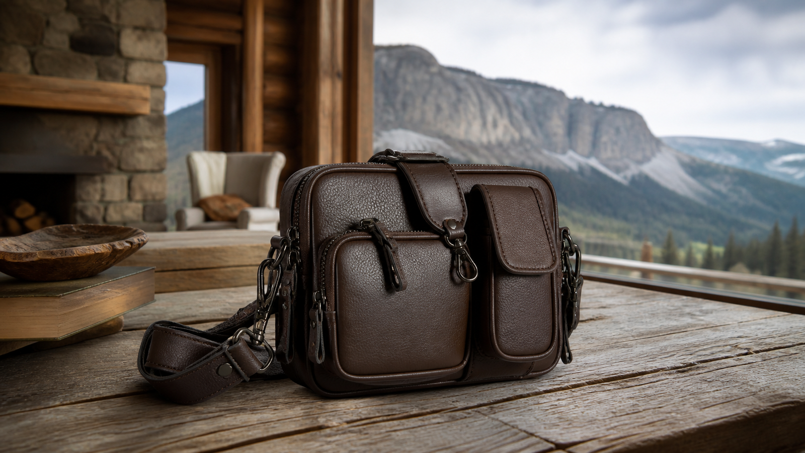 Editorial view of a compact brown multi-pocket travel bag