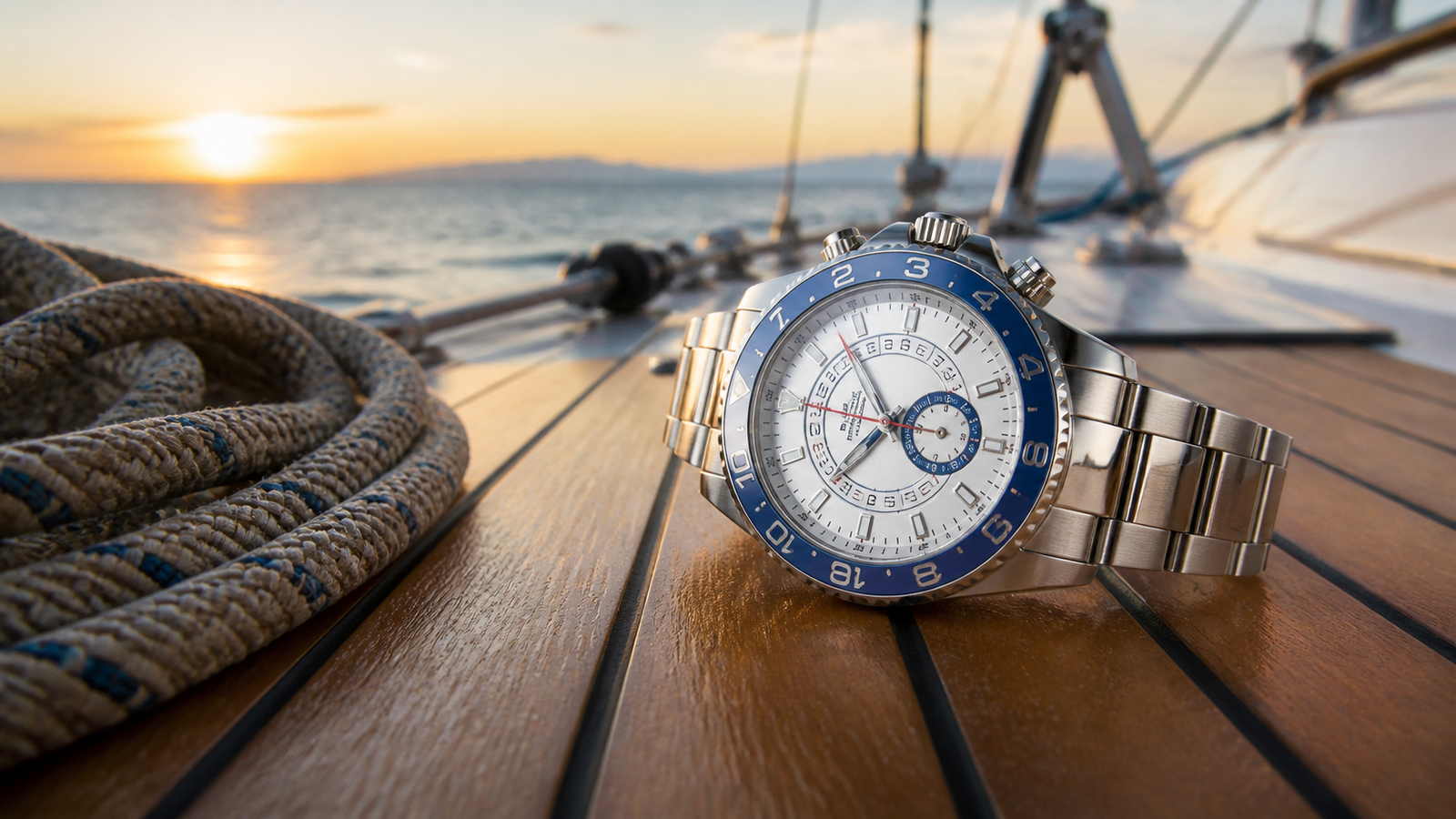 Editorial view of a regatta chronograph on a yacht deck