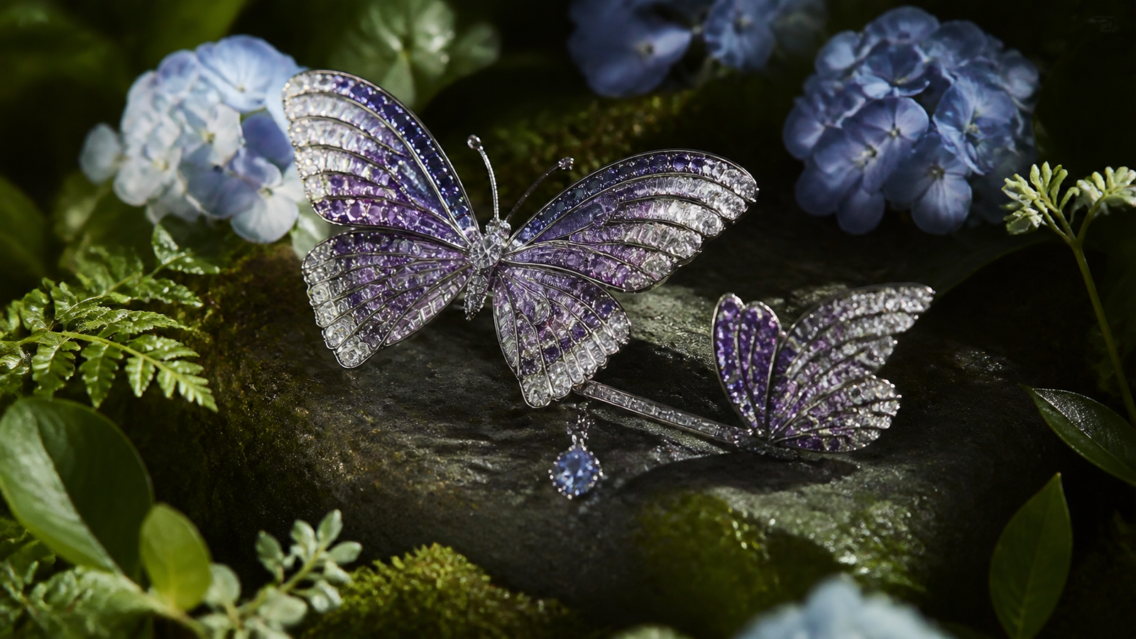 Editorial view of a purple sapphire and diamond butterfly brooch